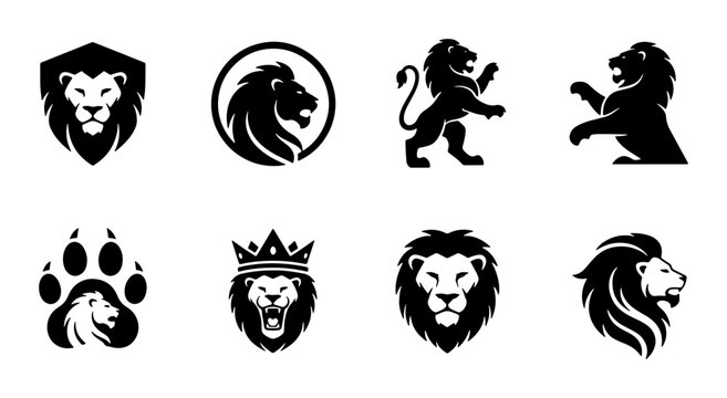 Lion Head Logos, Majestic King of Beasts Vector Icons Set, Powerful Animal Graphics for Branding and Identity