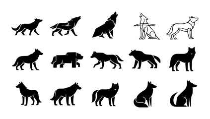 Obraz premium Wolf Silhouette Collection, Canine Animal Icons, Wild Predator Vector Graphics, Hunting Dog Poses, Nature Wildlife Set