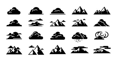 Mountain and Cloud Icons Set, Diverse Weather and Landscape Vector Graphics for Nature and Adventure Themes © Rumman