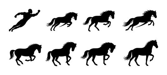 Obraz premium Horse Silhouette Animation Sequence, Galloping and Running Horse Poses, Dynamic Movement and Action Vector Graphics