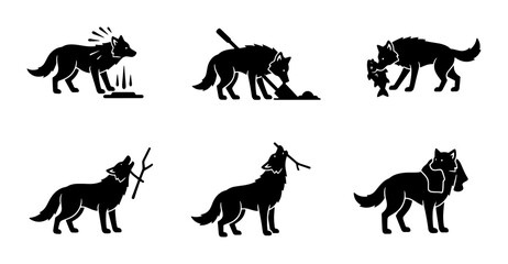Obraz premium Wolf Silhouette Icon Set, Wild Animal Vector Graphics, Nature Wildlife Symbols, Hunting and Howling Wolf Illustrations, Black and White Design Elements
