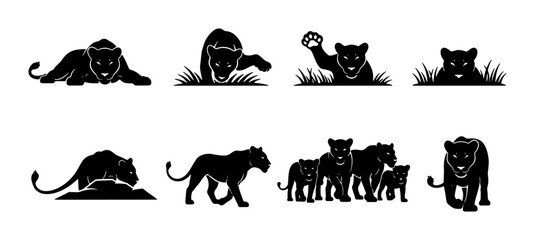 Black Panther Vector Icons, Wild Cat Silhouettes, Jungle Predators, Big Cat Family, Graphic Elements © Rumman