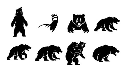 Fototapeta premium Bear Silhouette Vector Icons, Wildlife Animal Graphics, Grizzly and Brown Bear Poses, Nature and Forest Creature Illustrations