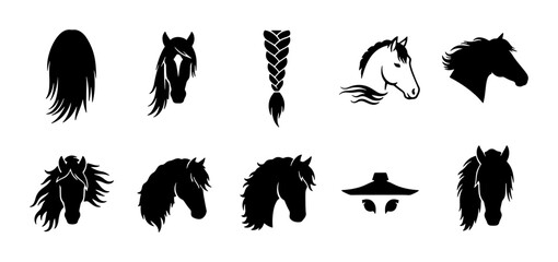 Horse Head Silhouettes, Braids, and Mane Icons: Equestrian Vector Graphics for Animal Lovers, Horse Racing, and Farm Themes © Rumman
