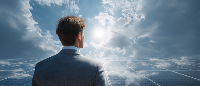 Vision of Tomorrow: A businessman in a suit looks towards a bright future, with sunrays breaking through clouds above a field of solar panels, symbolizing innovation and sustainable energy.