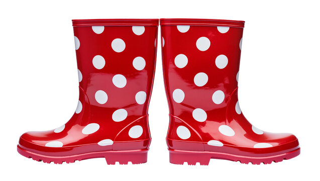 Red polka dot rubber rain boots