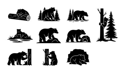 Bear Silhouette Vector Icons Set, Wildlife Forest Animals Collection, Nature Woodland Creatures Graphics, Black and White Graphic Resources © Rumman