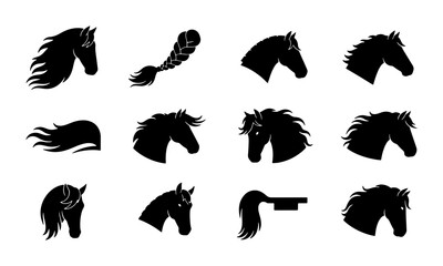 Elegant Horse Head Silhouettes, 12 Vector Icons Set, Equestrian and Animal Graphics for Design © Rumman