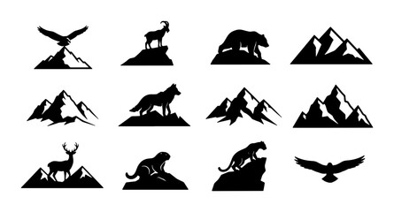 Wild Animal Silhouettes on Mountain Peaks, Vector Icons Set: Eagle, Wolf, Bear, Deer, Mountain Goat, Panther, Vector Graphics for Nature and Adventure Themes © Akas