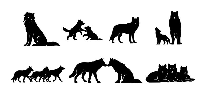 Wolf Family Silhouettes, Wild Animal Pack Poses, Canine Group Vector Graphics, Nature Wildlife Iconography, Black and White Animal Art