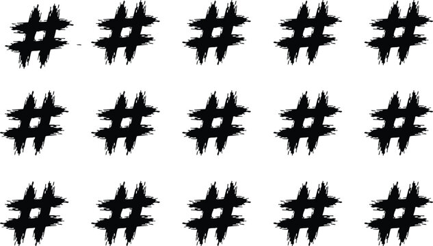 Black brushstroke hashtag icons set, artistic textured hash symbols grid, abstract pattern design collection, creative typography decorative illustration