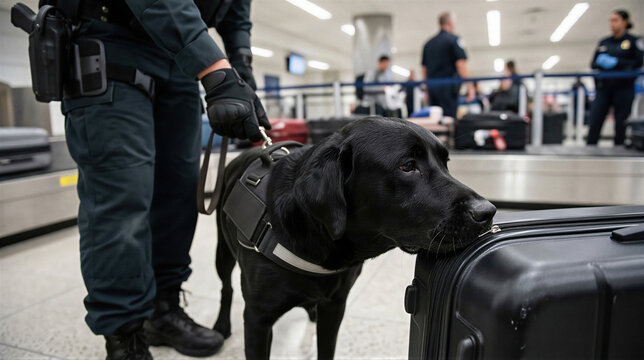 Customs office agent with drug detector dog sniffing luggage at airport. Security control procedure to prevent illegal contraband smuggling. Police working with canine at terminal.