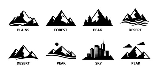 Diverse Landscape Icons: Mountains, Cityscapes, Plains, Desert, Forest, Sky, Peaks, Vector Graphics for Nature and Urban Themes © Afif