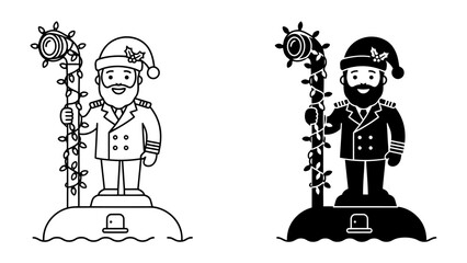 Christmas Captain Illustration: A charming, illustrated captain dressed as Santa Claus, complete with a festive hat and beard, stands on a buoy adorned with twinkling Christmas lights. © Mohammad