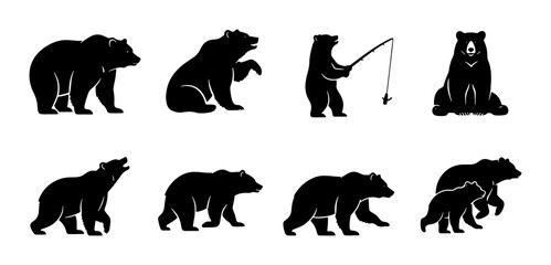 Bear Silhouettes Collection, Grizzly and Cub Vector Icons, Wildlife Animal Poses, Fishing Bear Graphic Elements © Afif