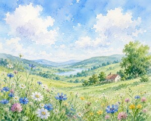 Fototapeta premium A dreamy watercolor meadow landscape featuring soft clouds, green rolling hills, and delicate wildflowers under a bright blue sky, rendered in semi-realistic painted style with gentle pastel textures