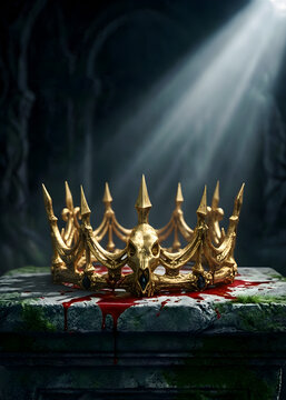 Corona de oro con dise&ntilde;o de calavera sobre un altar de piedra ensangrentado en un ambiente oscuro de fantas&iacute;a