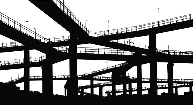 Highway interchange architectural structure showcases complex urban infrastructure with interlacing roads and overpasses, emphasizing modern city development and the intricacy of transportation.