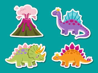 Cute Cartoon Dinosaur and Volcano Sticker Set for Kids Crafts © Hasanah