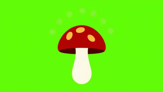 Stylized 2D Vector Forest Mushroom Popping Up and Releasing Glowing Spores on Green Screen Background

