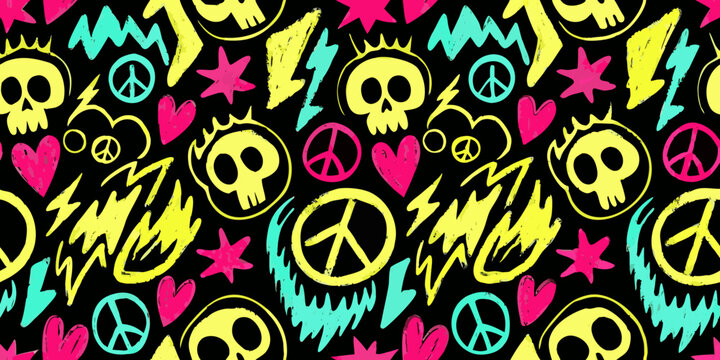 Punk Rock Pattern With Skulls Peace Signs And Lightning Bolts On Black