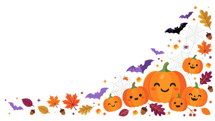 Fototapeta premium Halloween Pumpkin, Bats and Autumn Leaves Illustration Set Isolated on Transparent Background, Cute Seasonal Clipart for Commercial Use