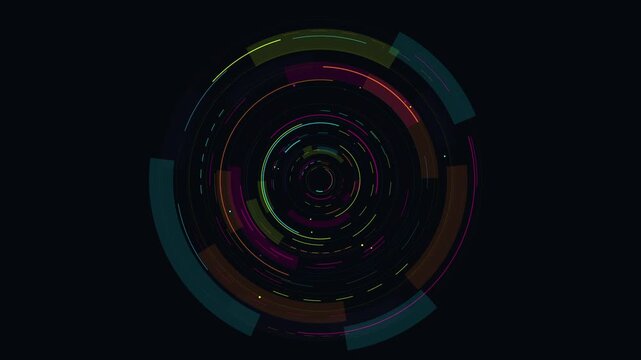 Procedural art circular neon holographic geometric patterns suitable for futuristic data displays. Ideal for graphic design projects, tech presentations, and scifi concepts.
