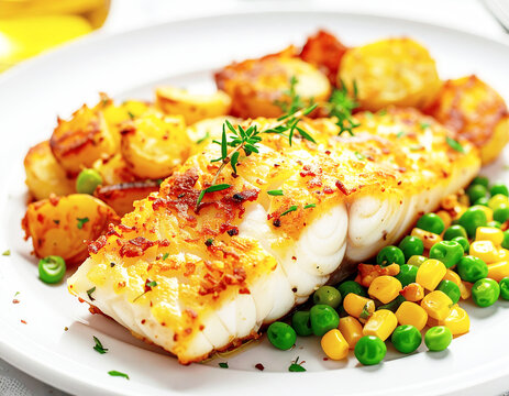 Baked cod with potato home fries, corn and peas, white plate. AI