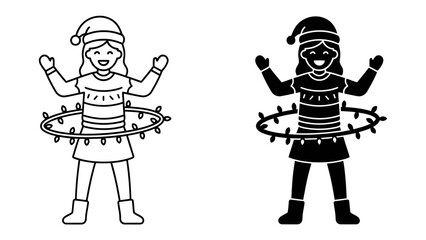 Christmas Fun: Two line drawings of a young girl wearing a Santa hat and Christmas sweater, hooping with a hula hoop adorned with festive lights. © Md