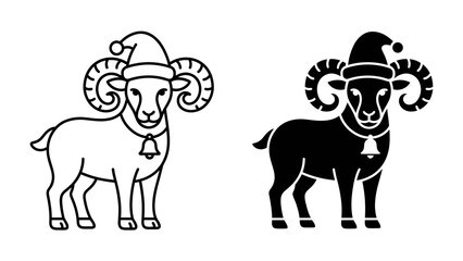 Ram with Santa Hat Icon: A stylized illustration features a ram wearing a Santa hat and a bell, presented in both outline and silhouette versions, evoking a festive holiday spirit. © Ahsan