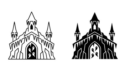 Gothic Ice Castle Icon: Two stylized illustrations of a gothic castle covered in ice, one in outline and one in black silhouette. © Nirob