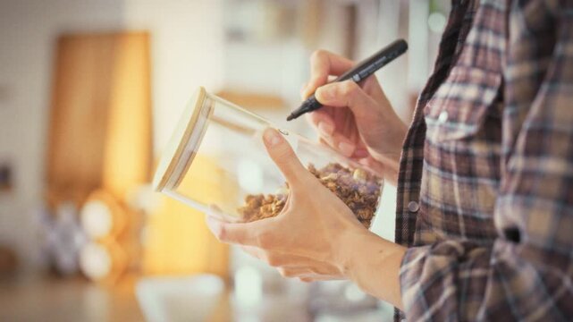 Labeling glass storage jar with granola, a housewife tidies her kitchen, emphasizing proper food storage. The act showcases organized pantry habits, ensuring freshness and a neat cooking environment