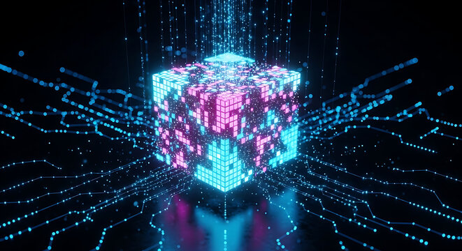 Glowing digital data cube with cyber network lines technology abstract connection information processing computing electronic innovation communication platform structure