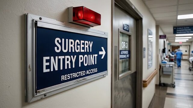 Surgery entry point sign showing restricted access with red warning light above hospital corridor door where medical staff walk ensuring secure medical environment
