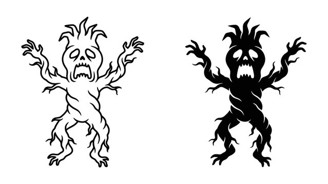 Scary Tree Monster Duo: Two monstrous figures, one outlined and one silhouetted, depict a spooky, animated tree with gnarled branches, creepy eyes, and a twisted form.