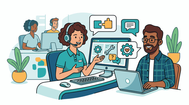 Diverse customer support team collaborates on technical solutions at computers