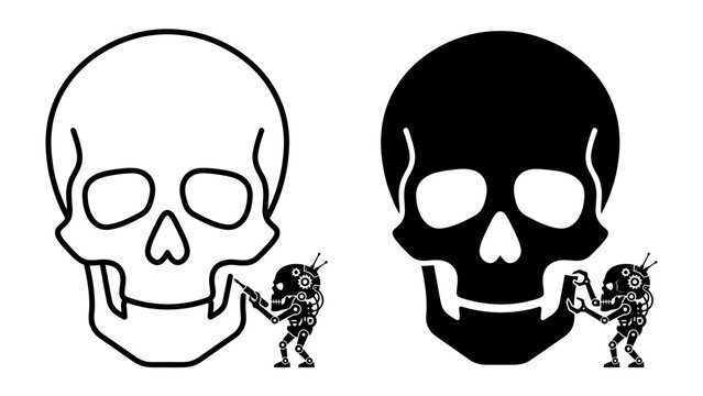 Two Skulls and Tiny Robot: Two stylized skulls, one outlined and one solid black, stand side by side with a small, intricately designed robot interacting with the jaw of each.