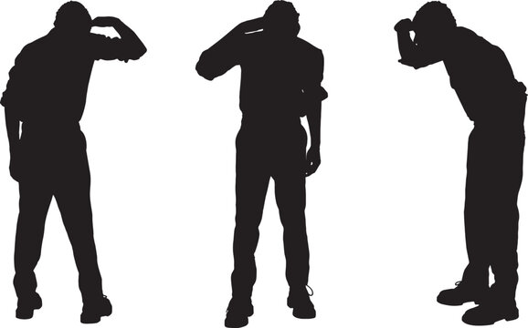 vector, silhouette of back,front and side view of a man standing looking away with his hand on his forehead