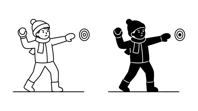 Snowball Fight Fun: A child in winter attire throws a snowball towards a target, depicted in both line art and silhouette.