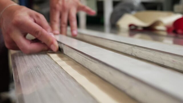 Worker applying sealant to metal window frames