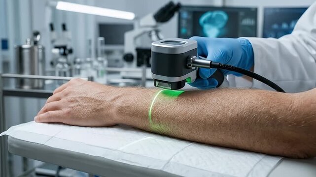Laser vein scanner arm medical laboratory doctor wearing blue gloves white coat performing vein detection injection blood test procedure advanced technology healthcare precision scientific equipment