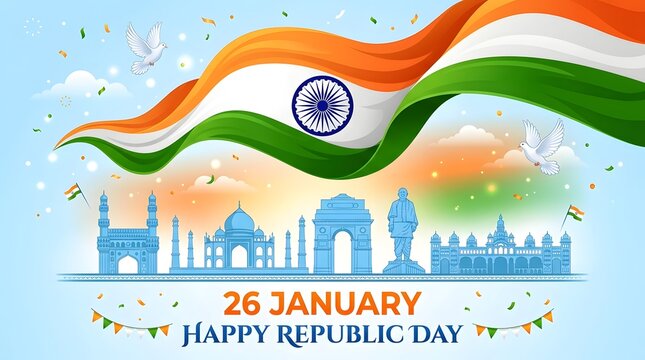 Indian republic day illustration with landmarks and national flag