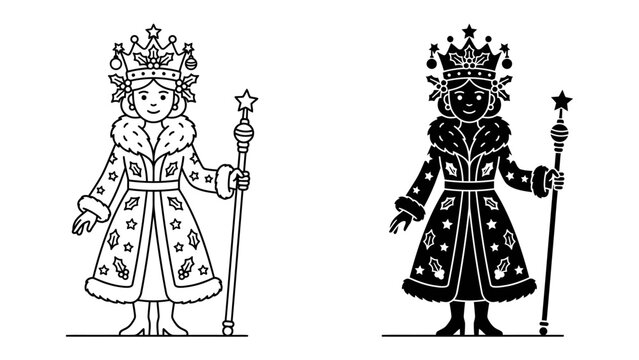 Snow Queen Illustration: A regal illustration of a snow queen, adorned with a star-topped scepter and a jeweled crown, wearing an ornate, fur-lined coat, presented in both line art and silhouette.