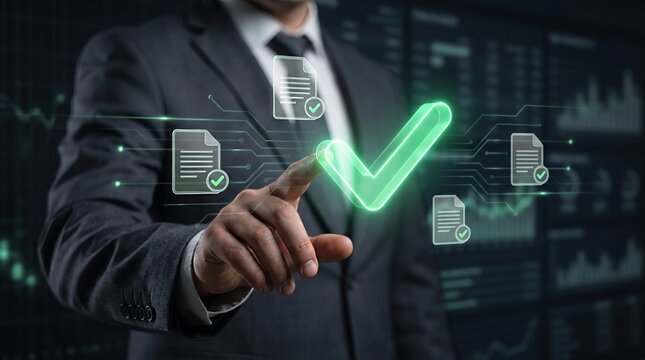 Professional businessman interacting with a digital interface showing a glowing green checkmark for document verification and data approval