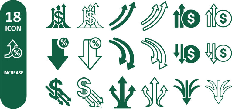 Green financial growth icons set, arrows dollar percentage increase decrease symbols, business economy success investment direction decorative design collection