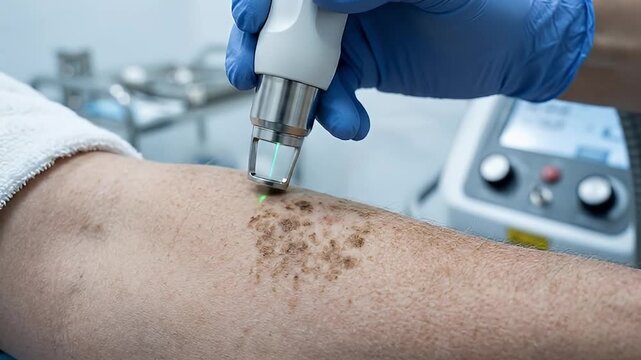 Laser treatment skin care medical procedure dermatology brown spots age spots arm close up healthcare blue glove device skin lesion treatment clinic patient skin therapy technology equipment mole