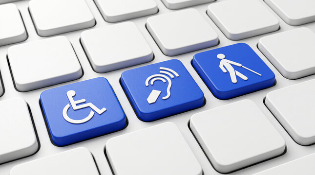 Activating digital inclusion via three blue accessibility keys on a white computer keyboard representing social rights for the disabled.