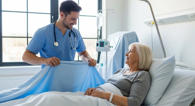 Caring male nurse in blue uniform tucks in elderly female patient in hospital bed with a light blue