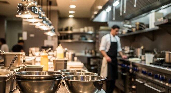 Busy Commercial Kitchen Scene with Chef Working at Stove and Stainless Steel Utensils in Foreground