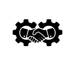 Obraz premium Black handshake icon with mechanical gears isolated on white background 